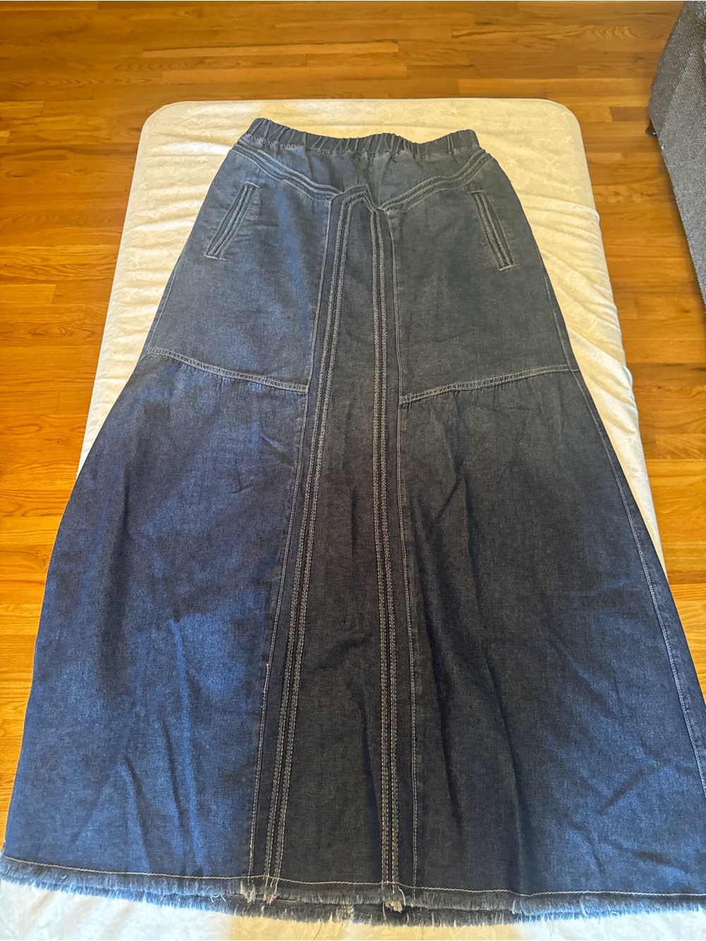 Dark Blue Denim Maxi Skirt with Front Panels